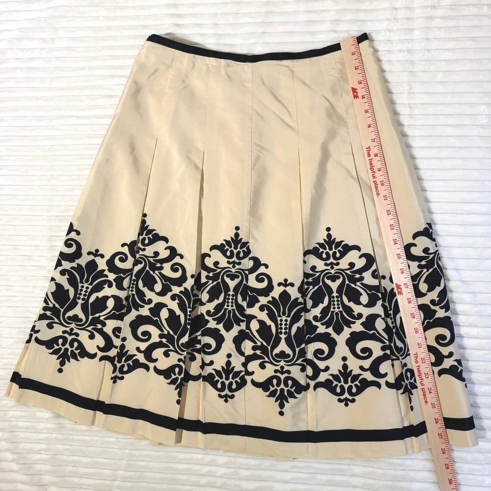 Haley & Kate Pleated Midi Skirt Womens 10 Cream Black Silk Blend Damask Exc - Picture 6 of 6